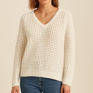 Line The Label White Wool Blend Crochet Knit Sweater